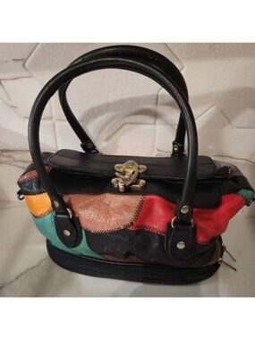 80sVintage colorblock Patchwork Leather Handbag Multi Color Handle Lock Closure